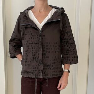 LODEN Khaki  Abstract Print  Hood Zip Front Jacket 3/4 Sleeve Artsy Layer Canada